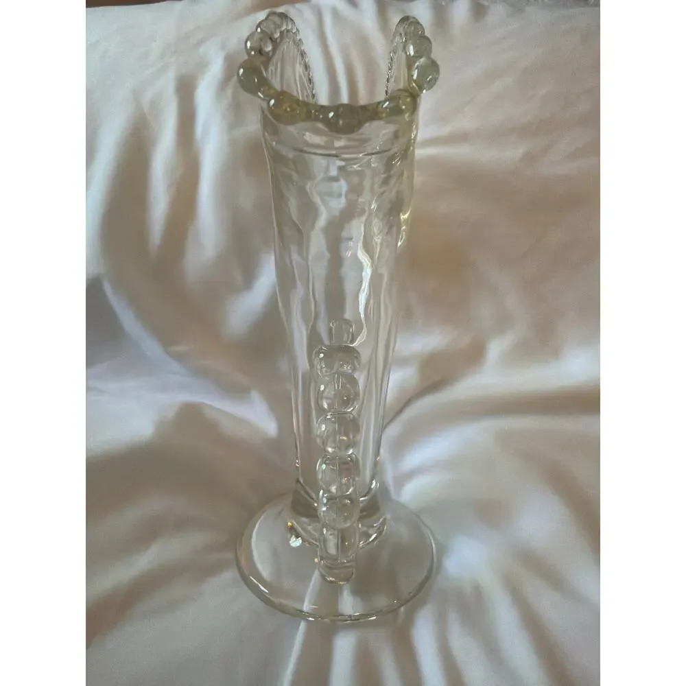 Vintage Imperial Glass Candlewick Fan Vase Beaded Rim Loop Handles Clear Glass